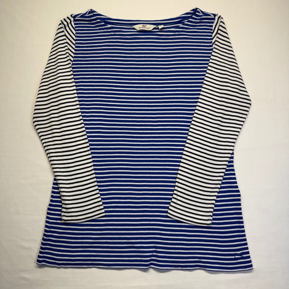 Vineyard‎ Vines Striped Boat Neck Top Medium Blue White Long Sleeve Pima Modal